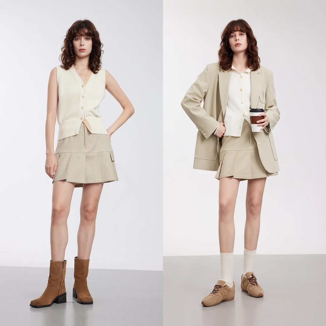 ELLE卡其色学院风格纹百褶裙女2025春新款小个子别致休闲ER50775