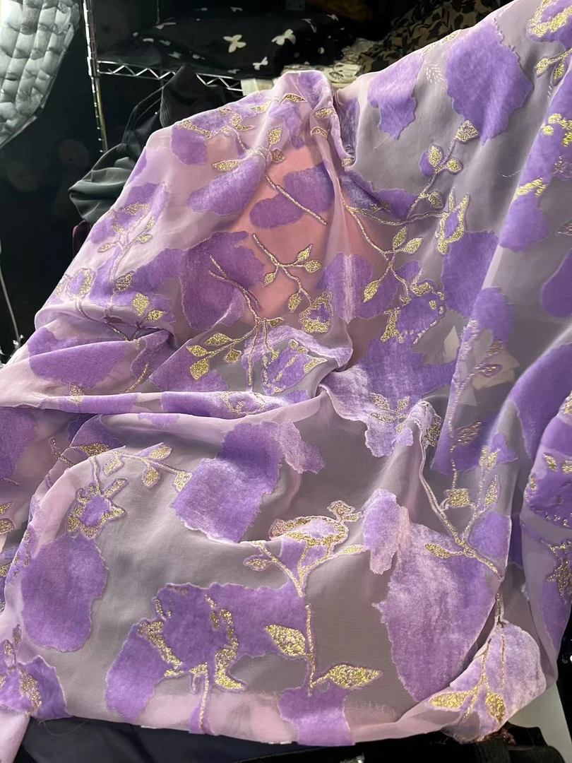 紫色烫金 烧花丝绒 人丝绒毛 锦绒不倒绒 不沾毛 女装面料