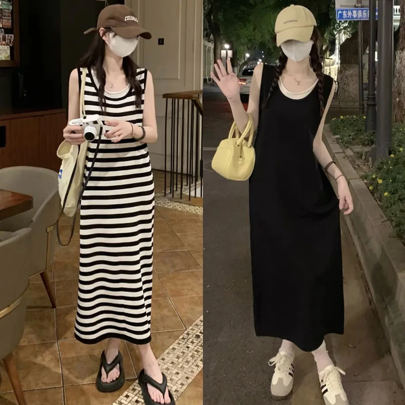 夏季韩系小众设计感假两件撞色条纹背心微宽松显瘦无袖连衣裙长裙