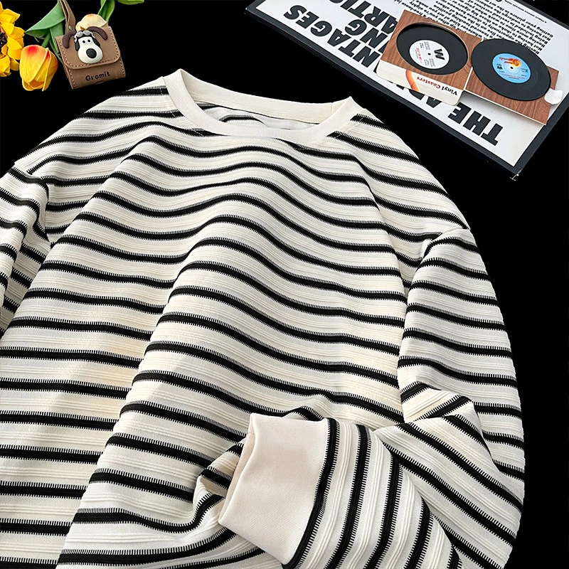 黑白条纹长袖t恤男春秋季美式潮牌宽松男生上衣服休闲圆领打底衫