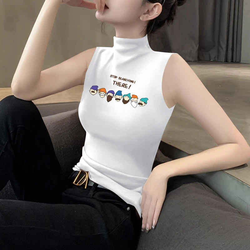 白色莫代尔无袖印花背心女修身显瘦时尚百搭洋气春夏薄款外穿上衣