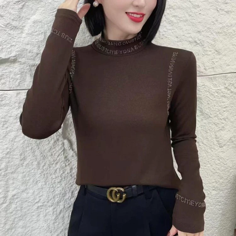 【衣长60】8932时尚烫钻半高领长袖休闲宽松显瘦