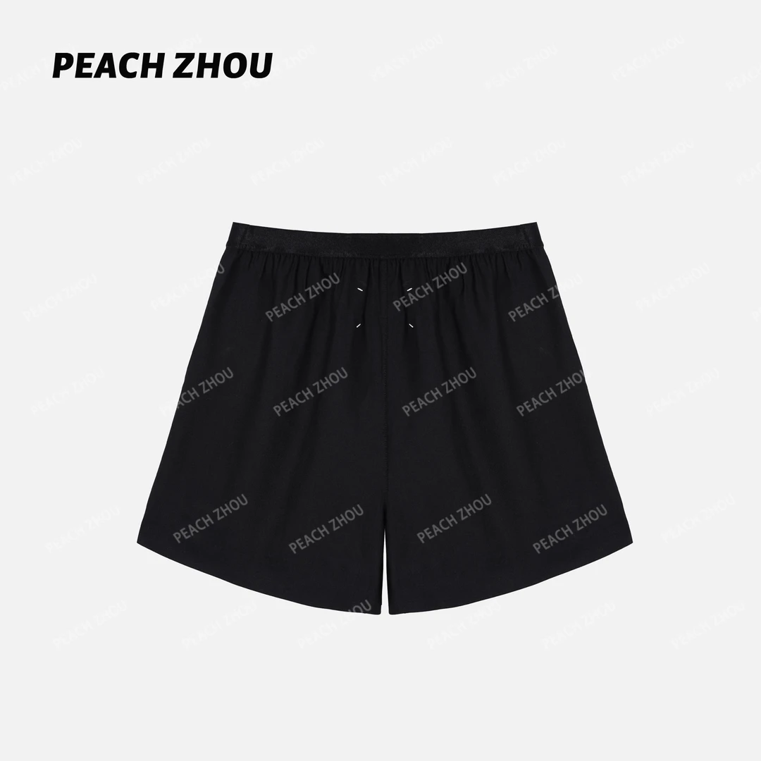 『PEACHZHOU』羊毛混纺后四缝线压褶弹力织带休闲纯色宽松阔腿短裤