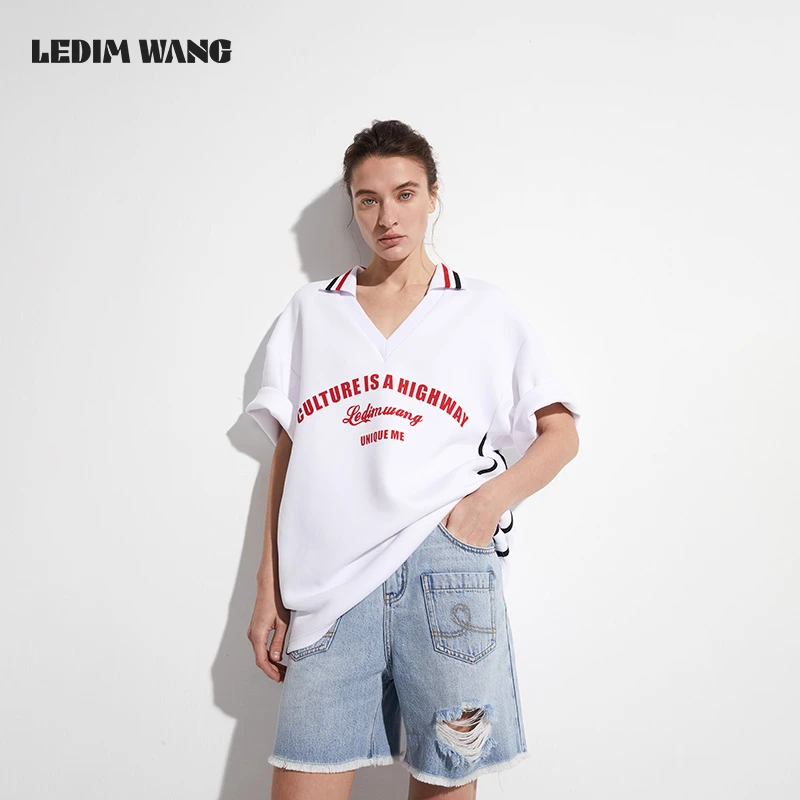 LEDIM WANG撞色印花短袖T恤女夏2025新款美式运动风宽松简约上衣