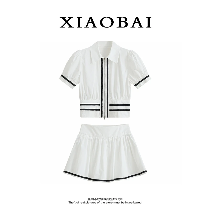 XIAOBAI 双色POLO修身短袖衬衫短裙两件套贵气千金风时尚显瘦套装