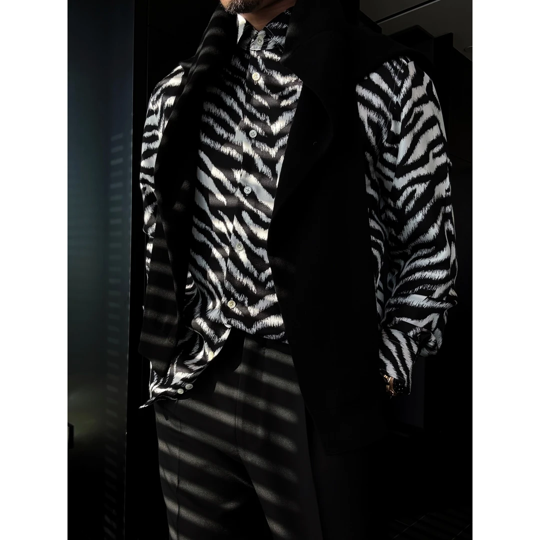 DRUNKCORNER 白色虎纹真丝衬衫微阔版长袖百搭男装休闲黑白