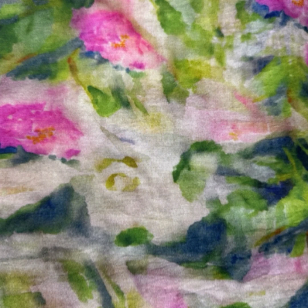 绿色油画天丝苎麻布料国风连衣裙旗袍服装面料批发订制