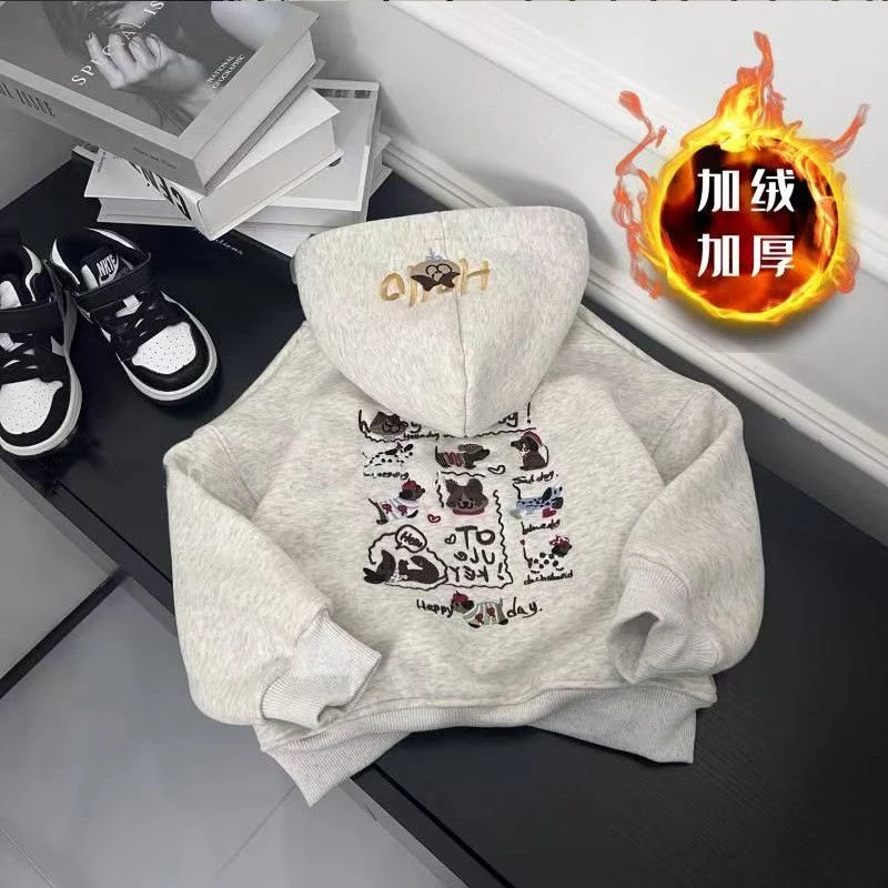 秋冬儿童卫衣新款男女童加绒加厚保暖上衣中小童狗狗简约印花连帽