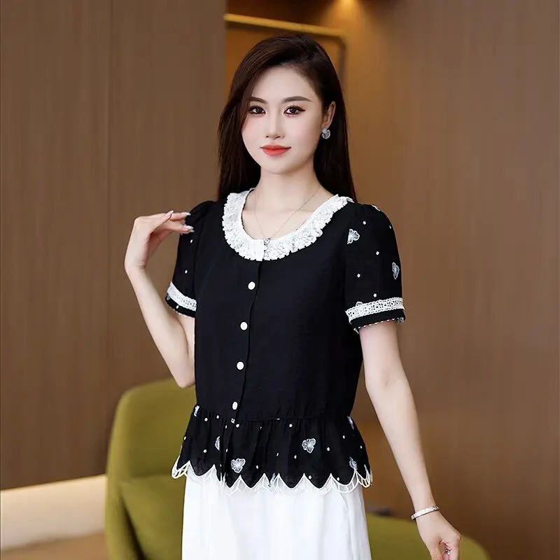 时尚套装女2025夏季新款洋气质显瘦蕾丝花边衬衫九分阔腿裤两件套