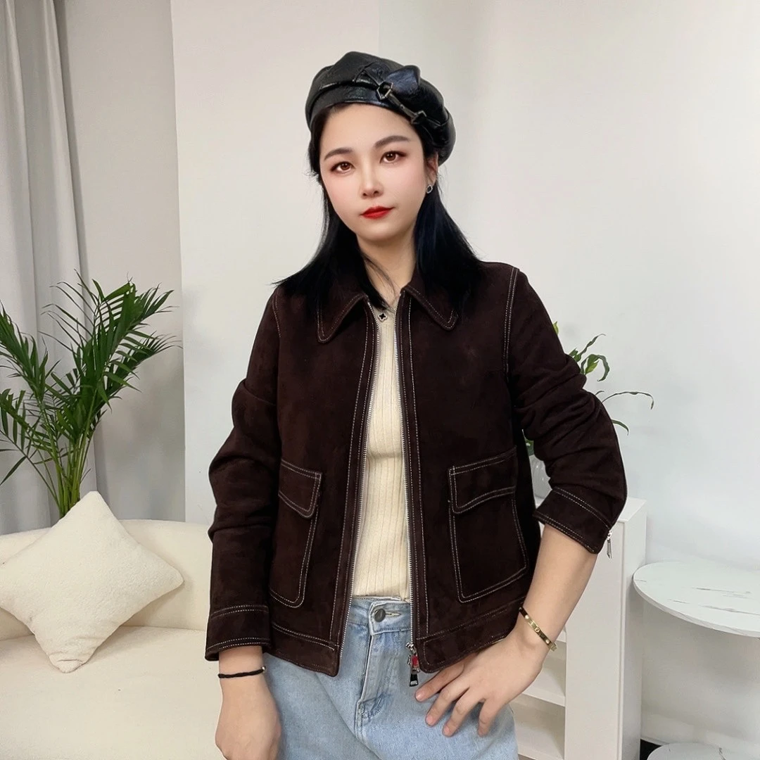 女士真皮绵羊皮反绒短款常规轻职风皮衣秋冬短外套百搭翻领