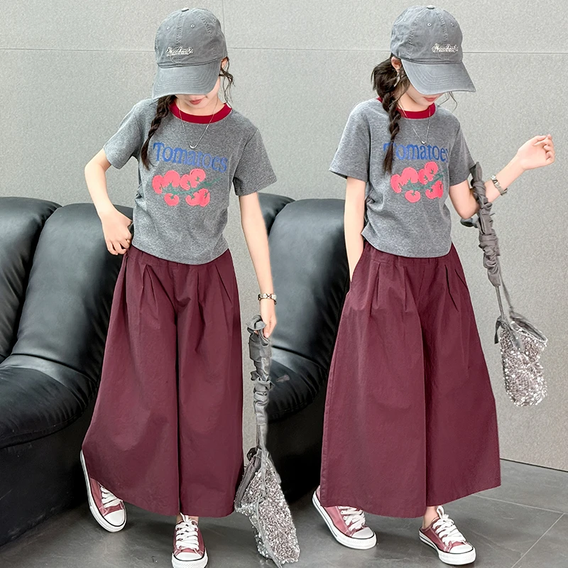 女童夏季套装2025新款女大童洋气短袖T恤儿童薄款阔腿裤裙两件套