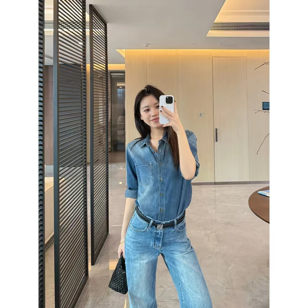 春秋复古水洗纯棉牛仔衬衣女长袖宽松叠穿打底休闲衬衫上衣8925B1
