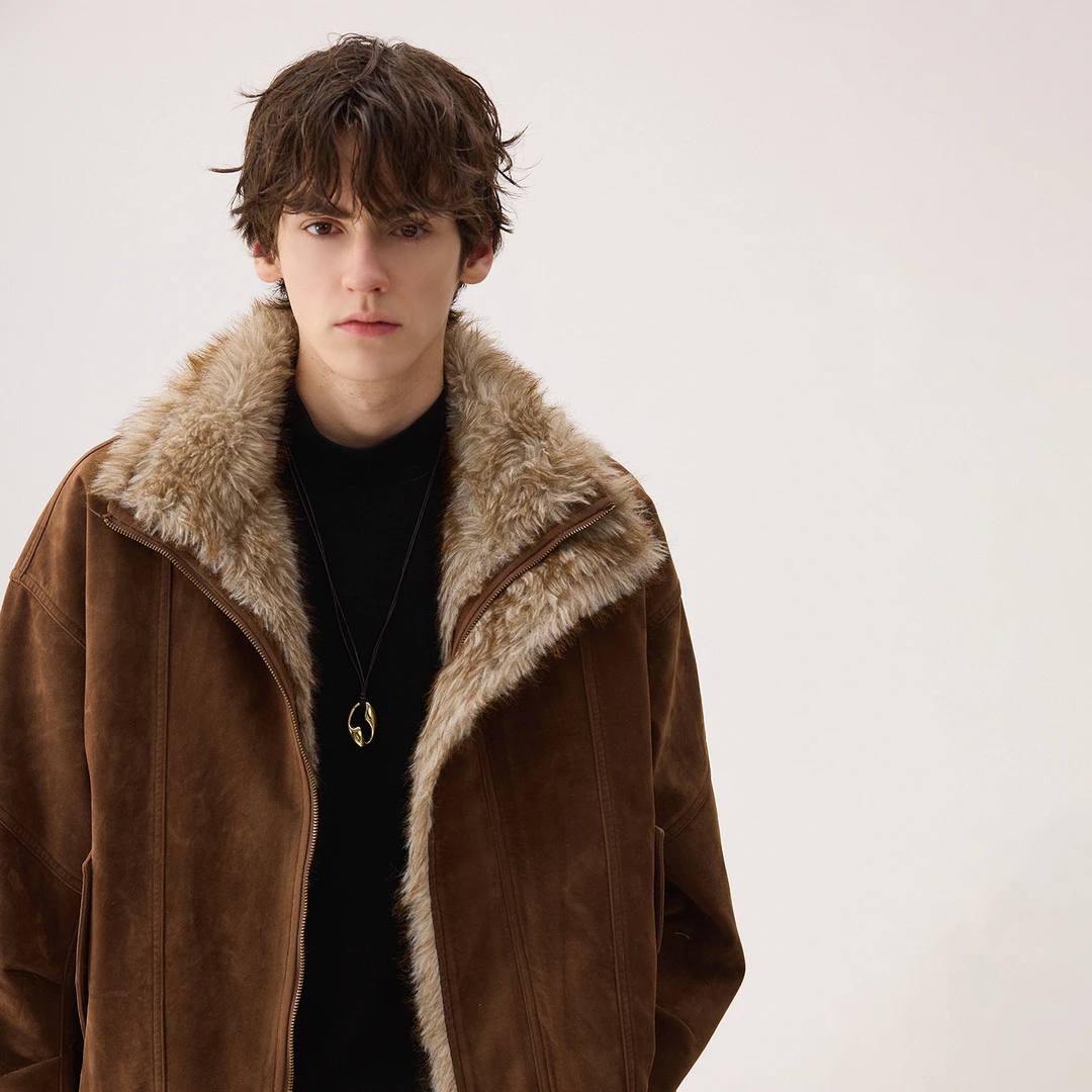 CHICERRO西西里男装翻毛皮座山立领外套男时尚休闲连帽毛呢冬季