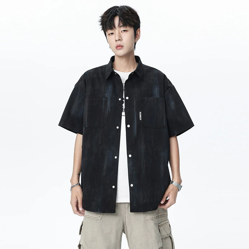 夏季新款薄款男生美式休闲上衣服青少年宽松潮流短袖衬衫衬衣百搭