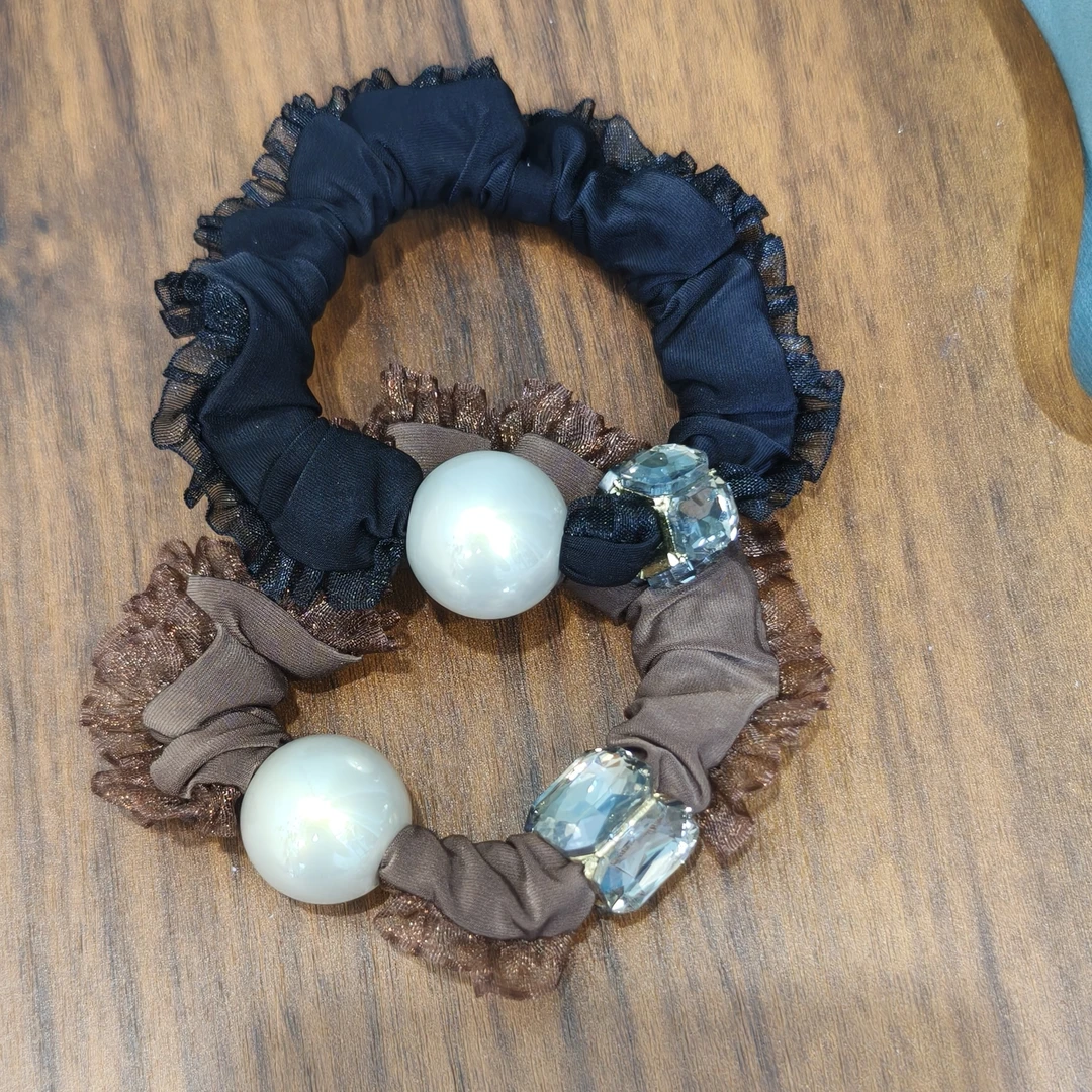 韩系新款蕾丝边面膜冰丝发圈时尚珍珠黑色头绳发圈高级感扎发皮筋