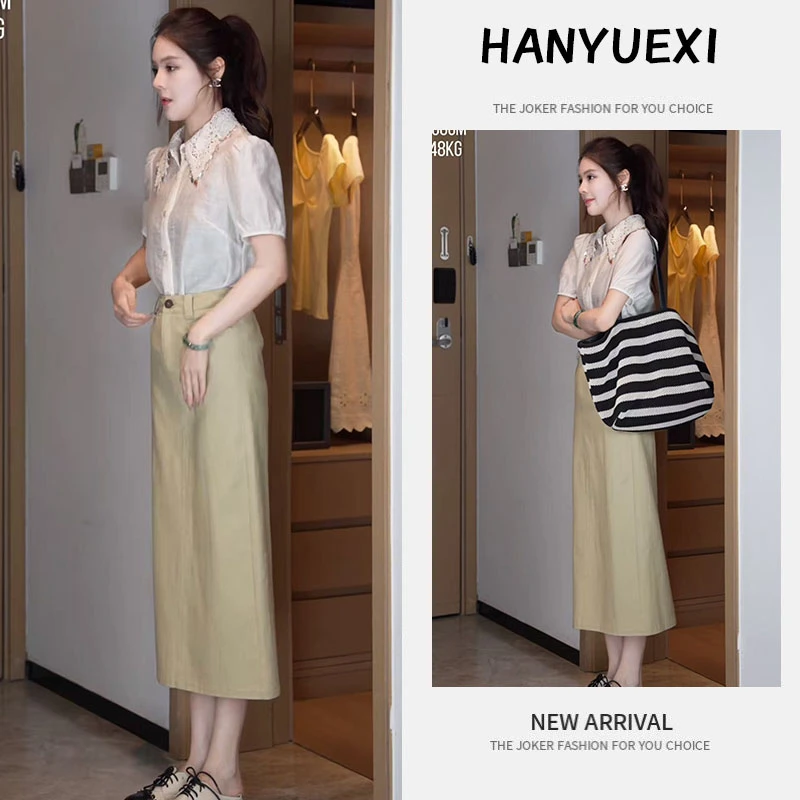 【现货】流行穿搭一整套2025新款蕾丝亮片立领上衣开叉半身裙两件套