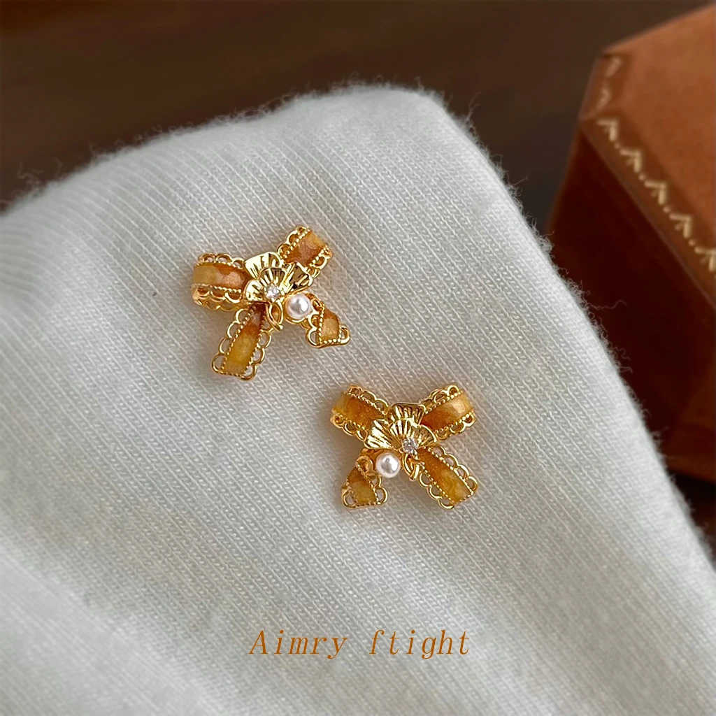 原创蝴蝶结银杏叶手工彩绘925银针镀14K渐变色工厂耳饰耳钉饰品女