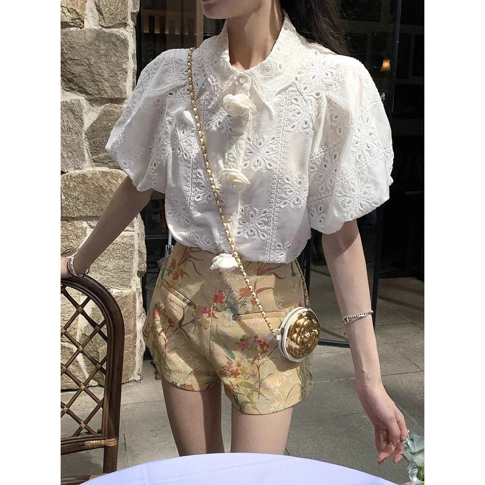 K镂空刺绣花朵花苞袖衬衫法式短袖小众炸街高级感