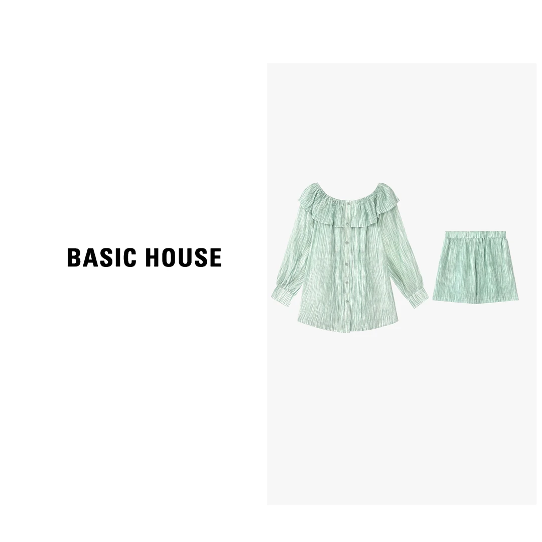 Basic House/百家好蕾丝碎花长袖时尚绿色泡泡袖设计师套装516