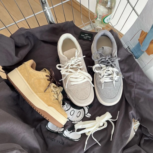 “磨砂双鞋带板鞋”2025春季舒适板鞋复古小众潮流百搭厚底休闲鞋