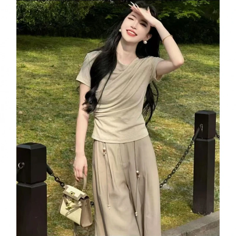 欧货纯色短袖T恤女2025夏爆款修身显瘦洋气阔腿裤减龄一秒套装