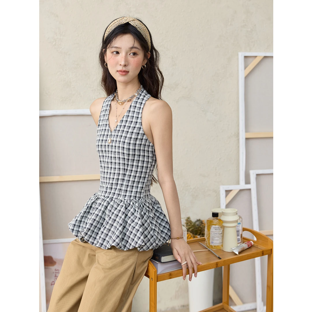 【年中大促】谜秀新品黑色花苞挂脖格纹小衫2025夏露背打揽复古V领