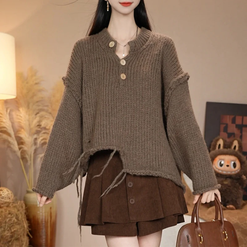 【不能机洗】时尚遮肉显瘦不规则设计针织衫女2025秋季新款长袖上衣