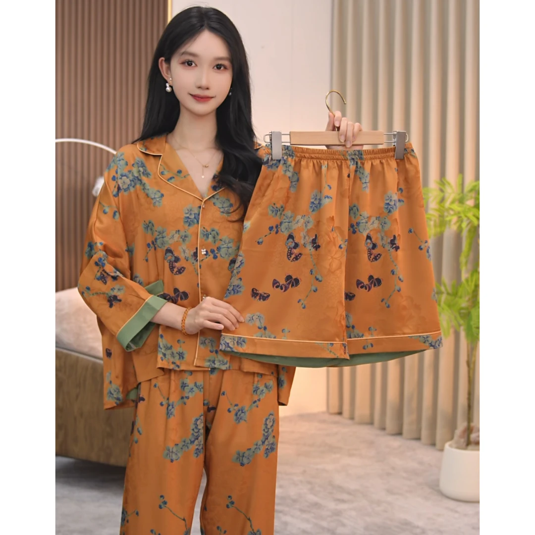 琪琪家【清风细雨】舒适睡衣女士套装可外穿家居服七分袖三件套BQQ