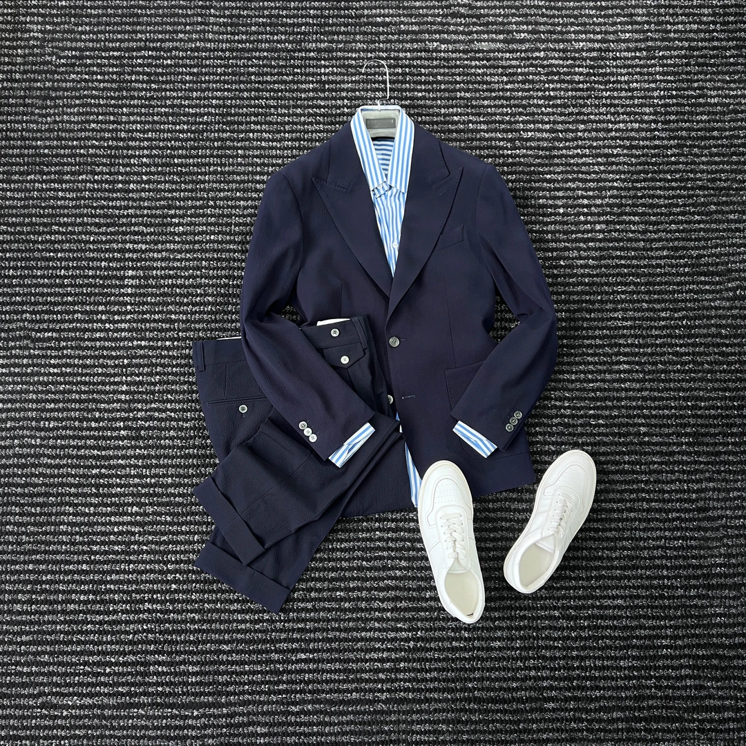 CssuGent那不勒斯皇后高定戗驳领绅士单排扣泡泡纱西服男优雅西装