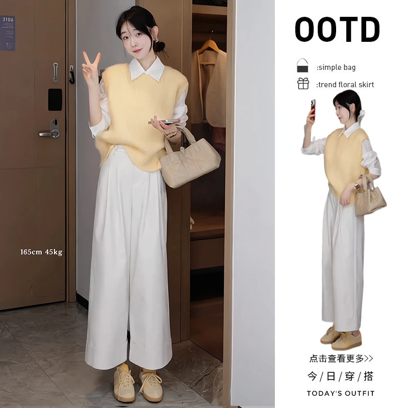 【现货】秋季穿搭一整套2025新款马甲叠穿衬衫百搭阔腿裤三件套女