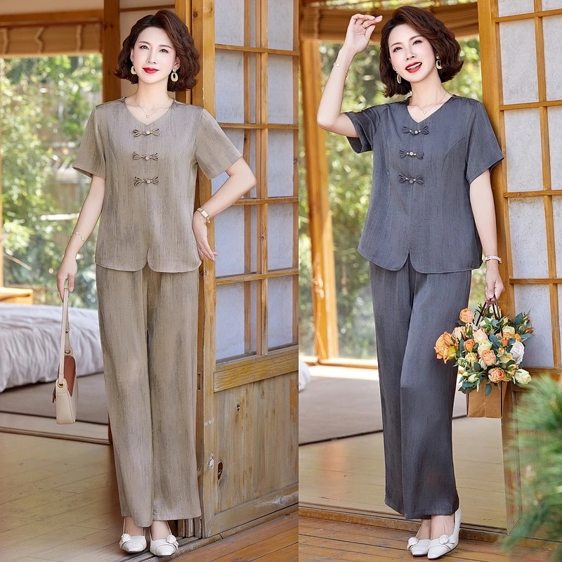 中年妈妈夏季短袖T恤套装2025新款洋气50岁60中老年女中式两件套