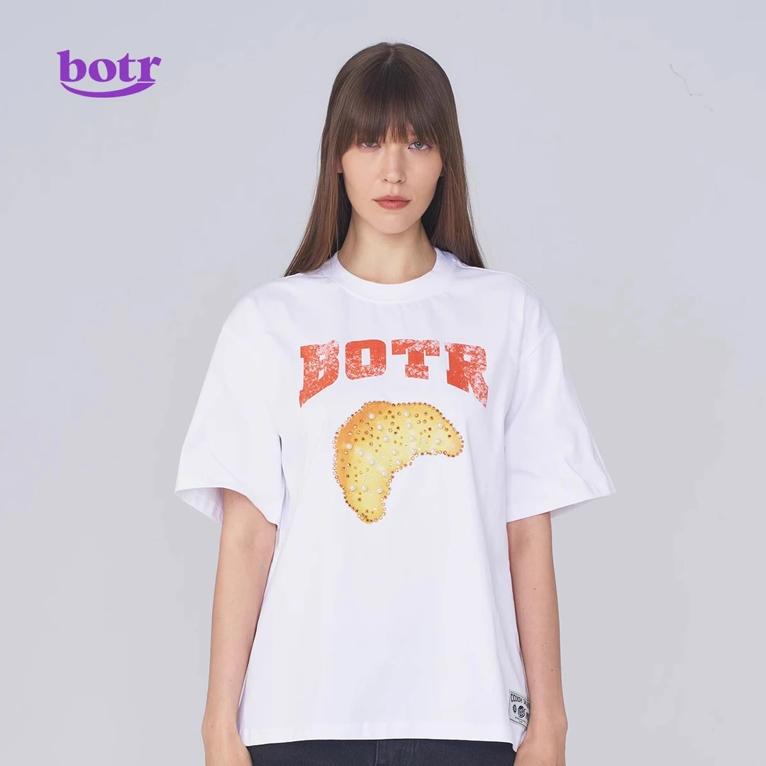 botr2025夏季新款钉珠珍珠重工logo图案印花情侣宽松重磅短袖T恤
