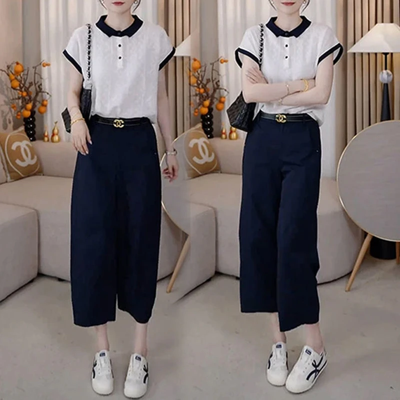2025年夏季新款翻领拼色短袖T恤纯色休闲九分裤套装女时尚两件套