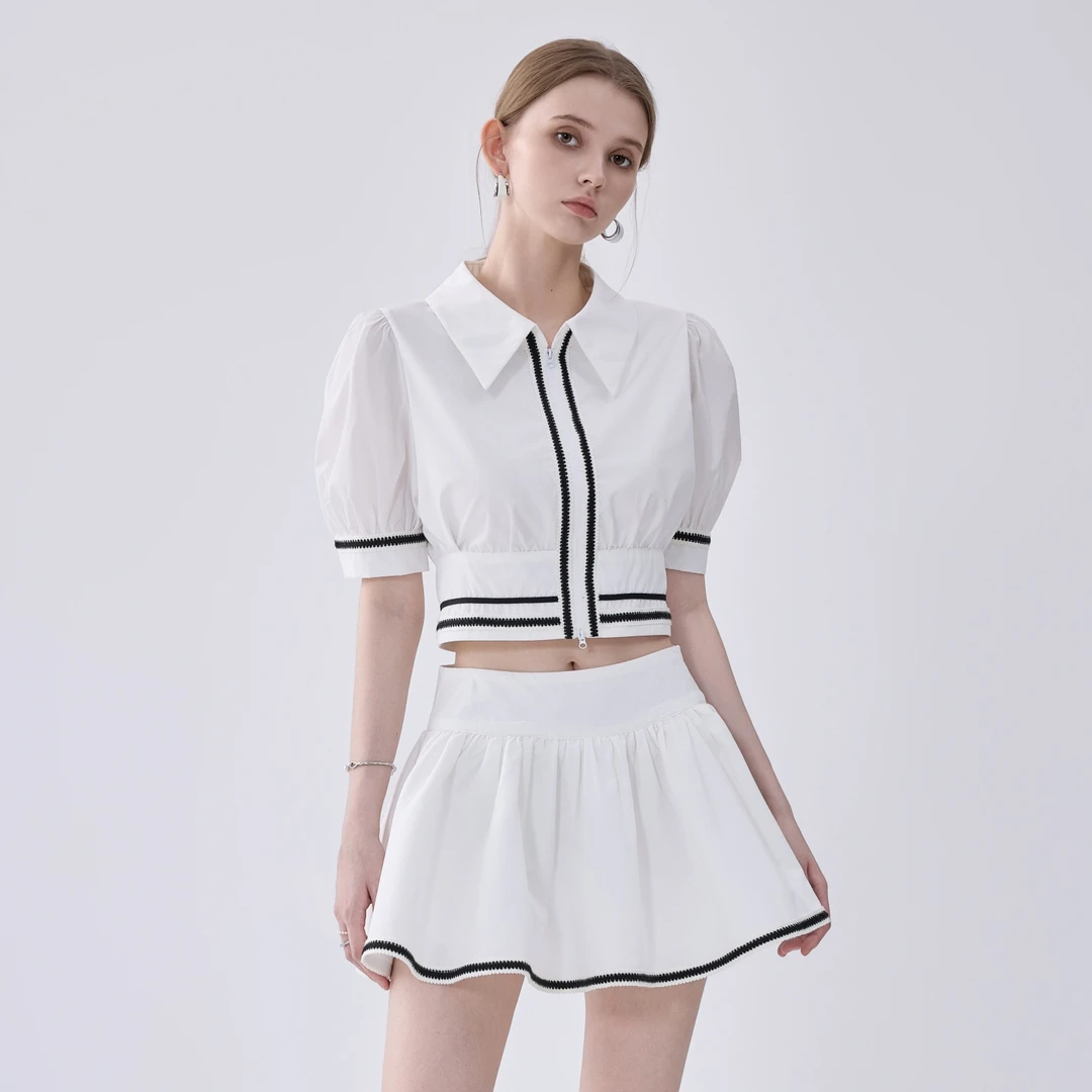 琳心丨夏季新款白色学院风黑白条纹拼接短袖衬衫百褶裙套装 0765