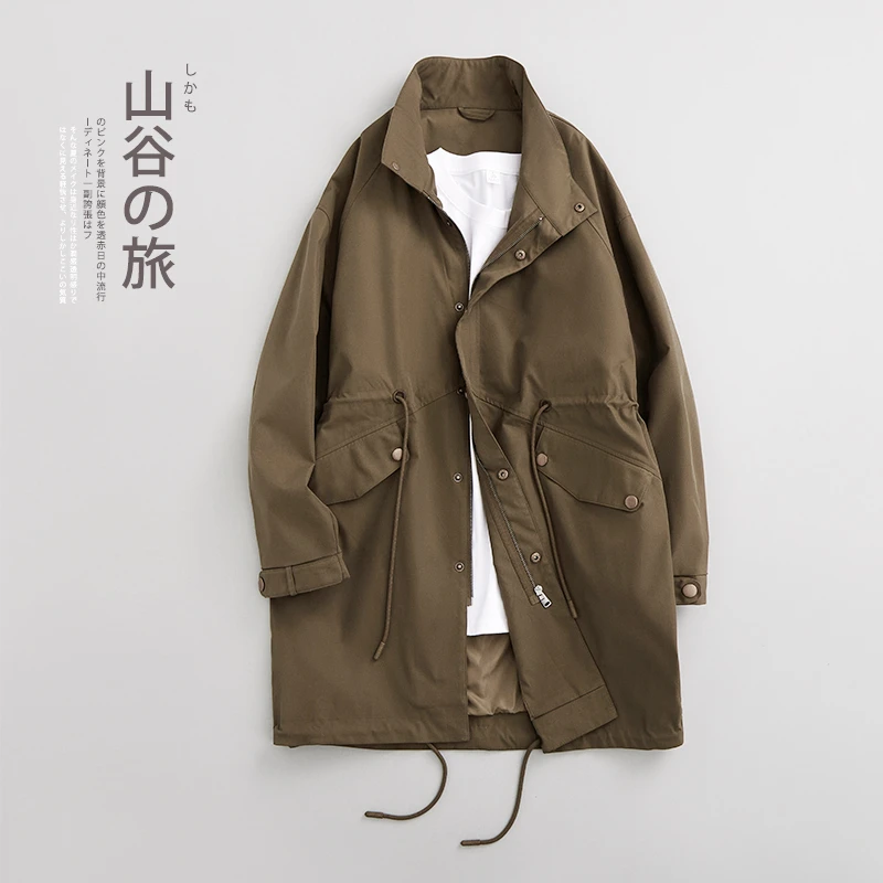 [XINBO 64259]复古大口袋抽绳设计宽松风衣外套 立领中长款大衣男