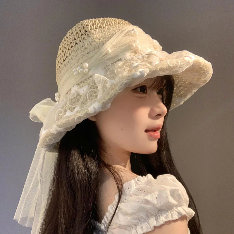 蕾丝珍珠蝴蝶结系带法式草帽女夏季海边度假风遮阳帽渔夫帽子