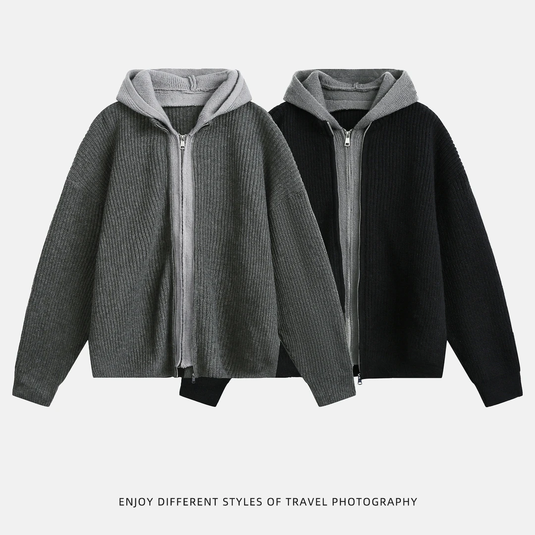 外套开衫毛衣秋季复古针织衫宽松日系男士假两件连帽休闲百搭潮流