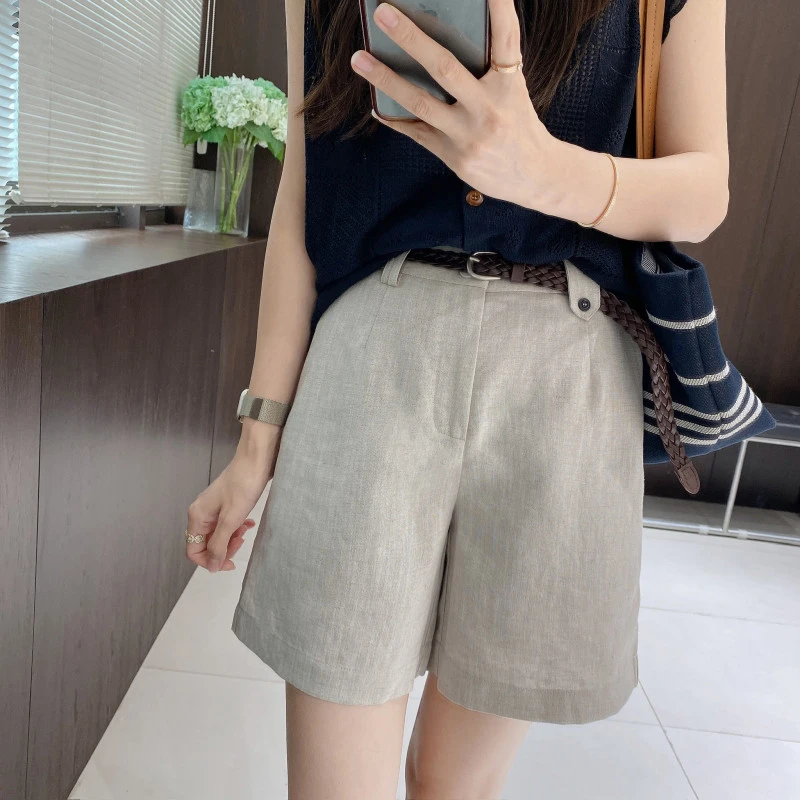 IMFLY金小金自制女装 亚麻短裤DYK2760夏季新款配腰带透气休闲裤