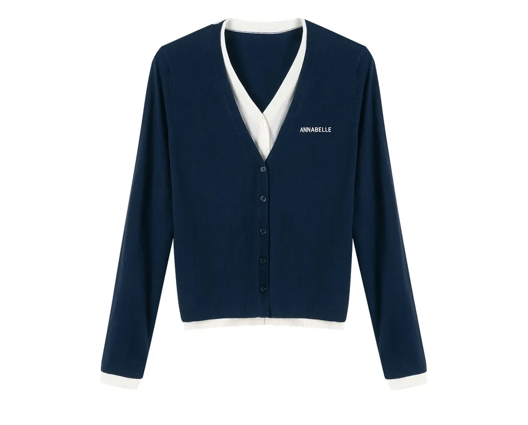 秋季新款V领假两件字母刺绣上衣打底衫5606