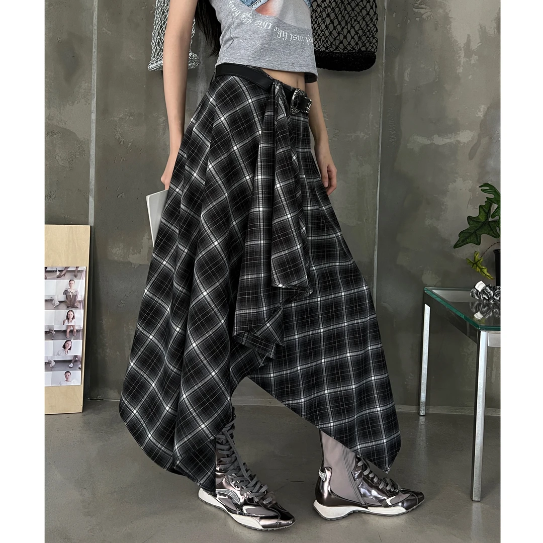 雨哥新品设计感不撞色规则格纹半身裙高腰气质中长裙子