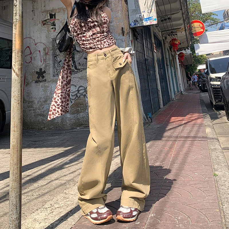 美拉德高腰阔腿弯刀牛仔裤女春季新款宽松垂感直筒工装休闲裤