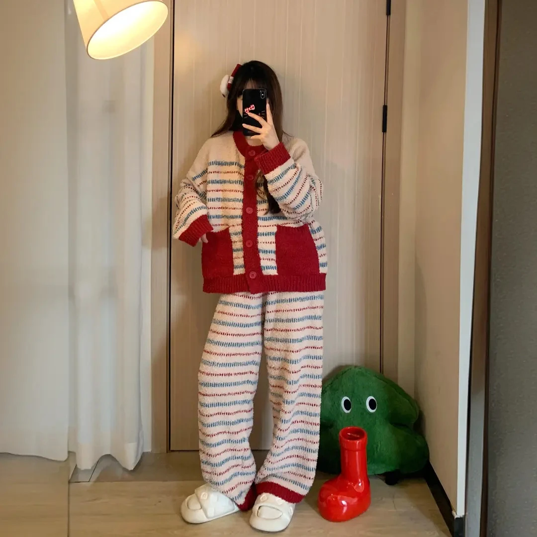 2025秋冬爆款红色复古条纹半边绒大码睡衣女加绒加厚家居服套装