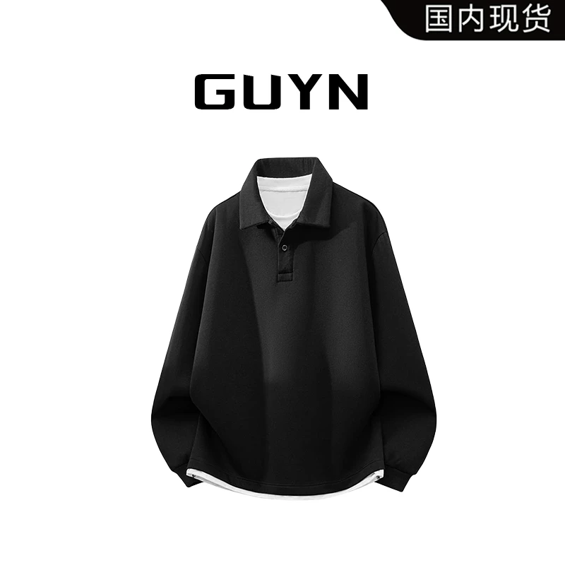 【品牌现货】GUYN美式重磅简约翻领卫衣春秋潮牌痞帅宽松假两件上衣