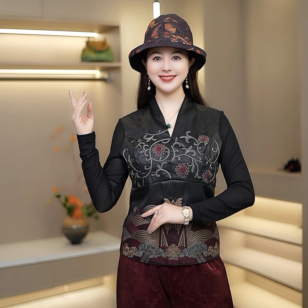 新中式T恤中国风装新款气质上衣打底衫长袖新款显瘦龟裂纹刺绣 女