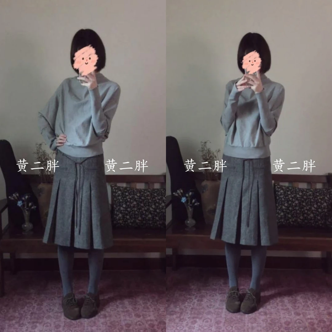 灰色半高领蝙蝠袖套头毛衣女25秋冬设计感宽松上衣+半身裙两件套