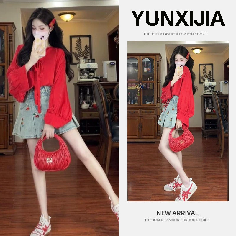 早春穿搭一整套2025新款韩版高级感蝴蝶结衬衫牛仔半身裙两件套潮