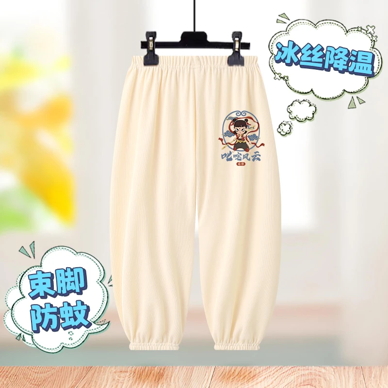 国潮印花冰丝降温束脚长裤男女童薄款休闲裤防蚊裤2025夏季爆款潮