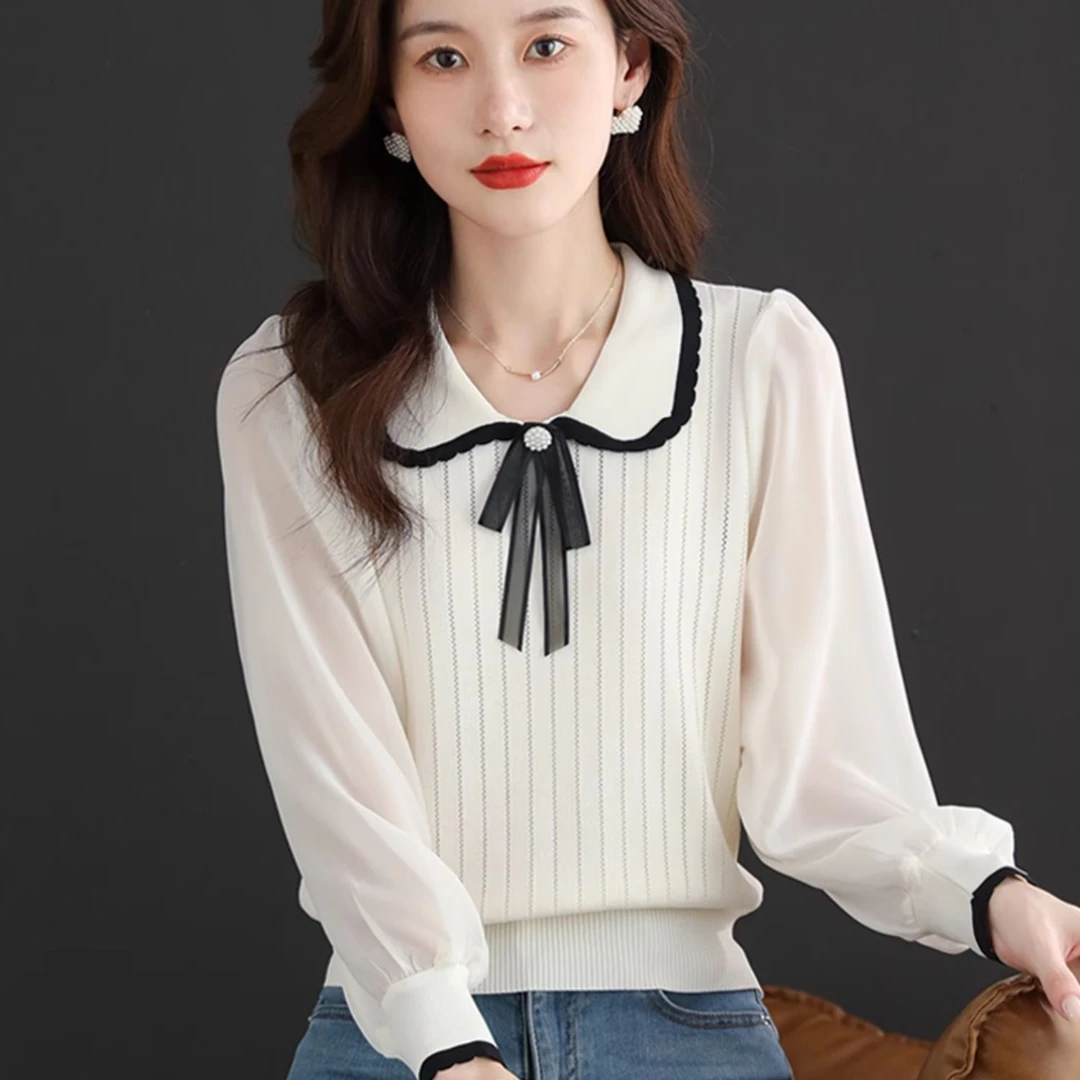 拉夏贝尔娃娃领长袖上衣女2025秋季新款减龄洋气小众高级感针织衫