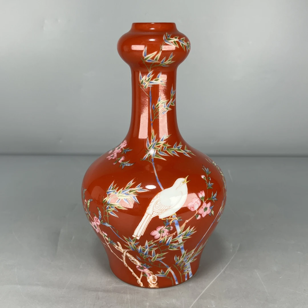 仿古瓷 仿古大清雍正年制珊瑚红粉彩花鸟纹蒜头瓶