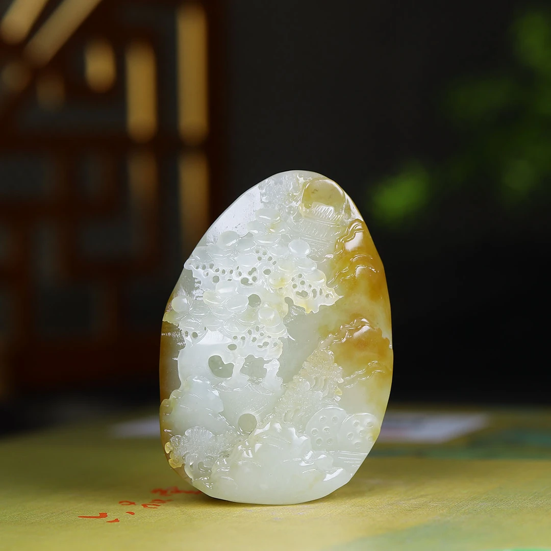 101727和田玉糖白玉山水挂件